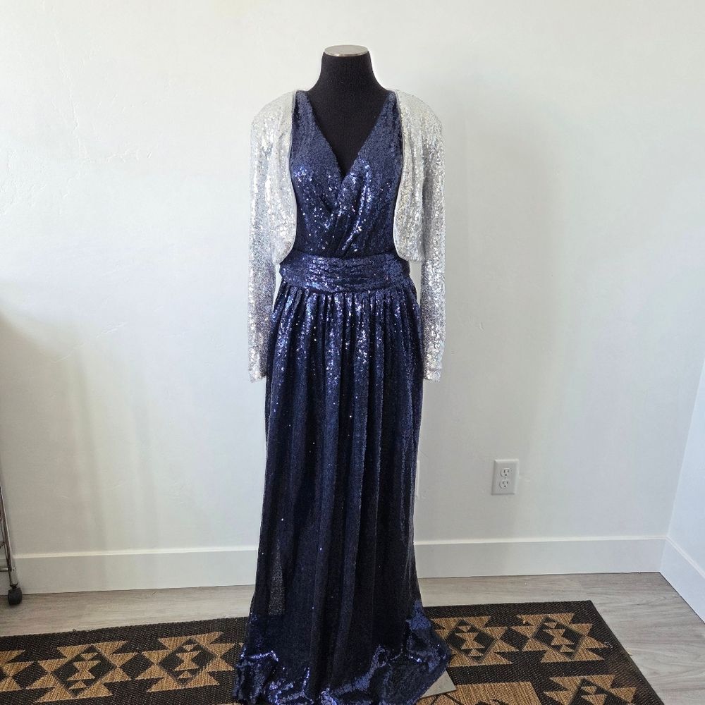 Kate Kasin Allover Sequin Maxi Dress Navy Blue Silver Formal Cocktail Event 12